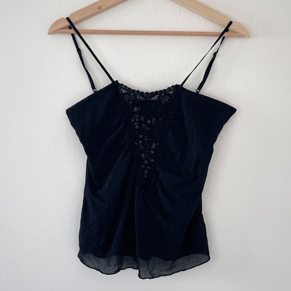 Vtg 90's Black Sequined Ruched Sheer Cami Tank Top Sz M Fairy Goth Grunge